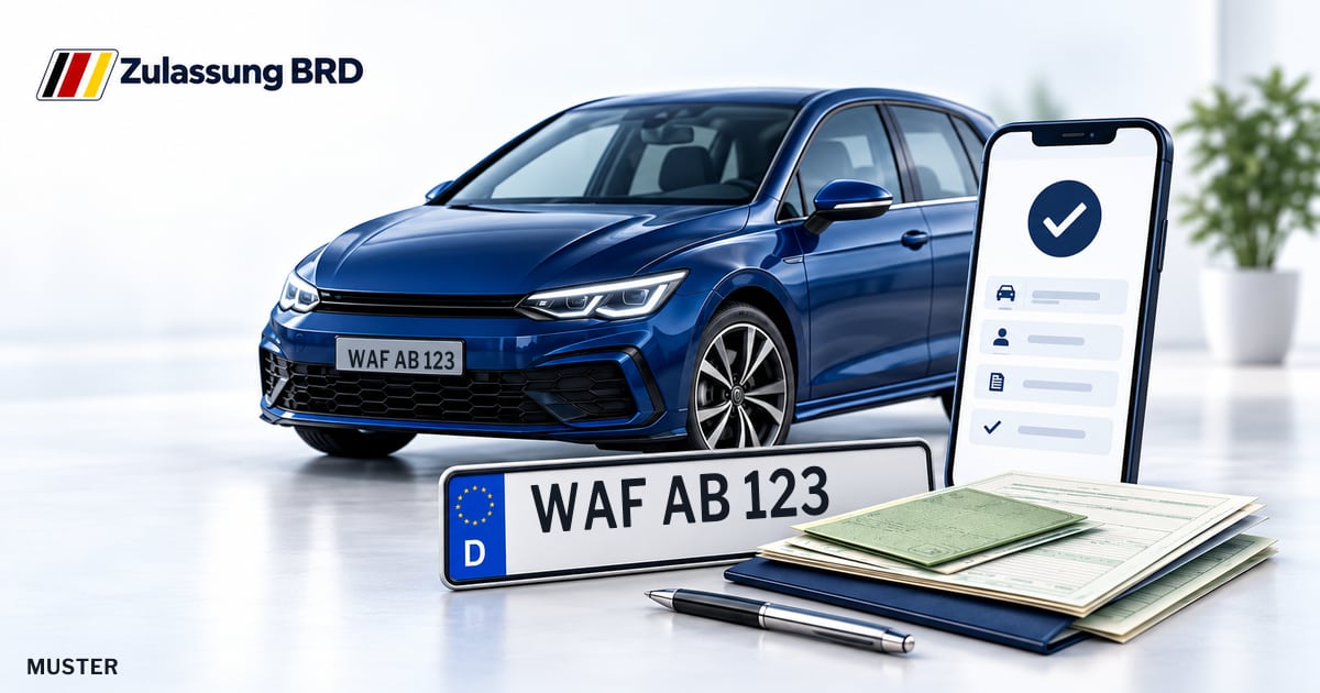 Online Fahrzeugzulassung in Wadersloh: Musterkennzeichen WAF AB 123, Auto und Fahrzeugpapiere und Smartphone. Illustration mit Logo von Zulassung BRD.